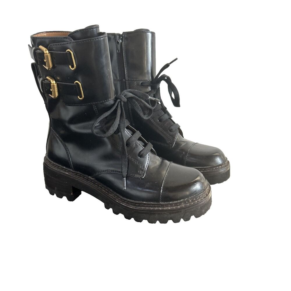 See by Chloe Mallory Black Leather Combat Boots Size 35/US 5 Brown Stitching Lug